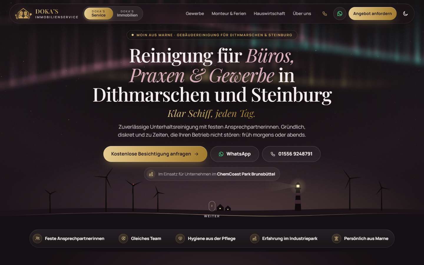 Startseite von DOKA’S Immobilienservice im dunklen Design mit Kopfzeile, Überschrift und Knöpfen für die Anfrage.